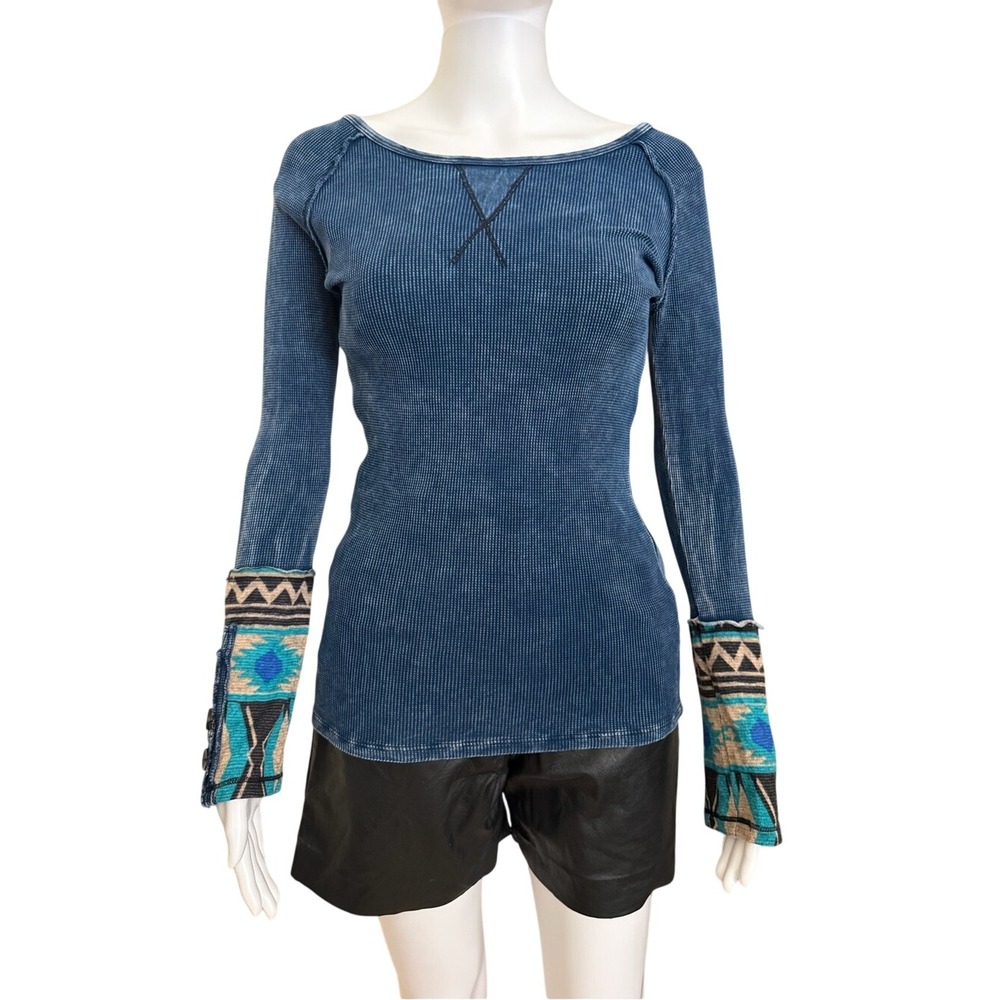 ABLE Distressed Henley Waffle Knit Long Sleeve Aztec Cuffs Shirt Size Small